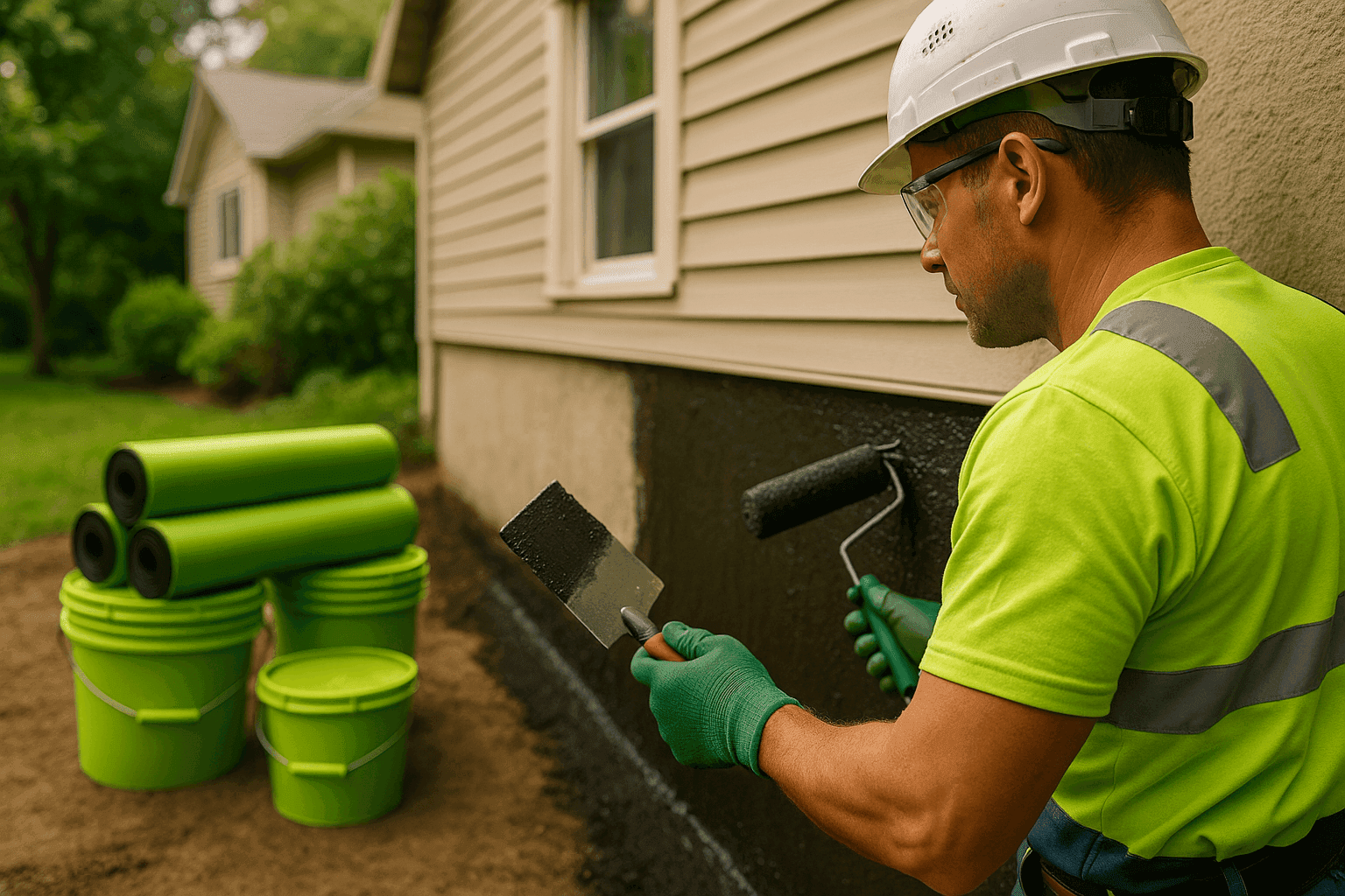 Worker in protective gear applying waterproof sealant to home foundation outdoors