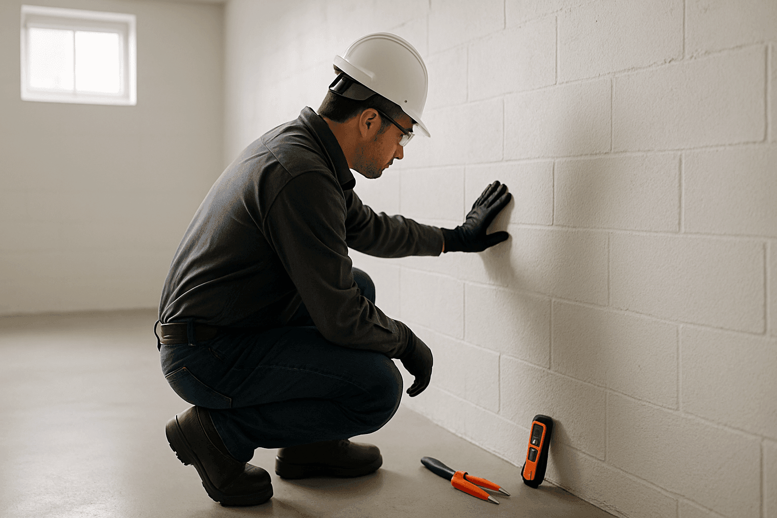 Técnico inspeccionando la pared del sótano por daños de agua