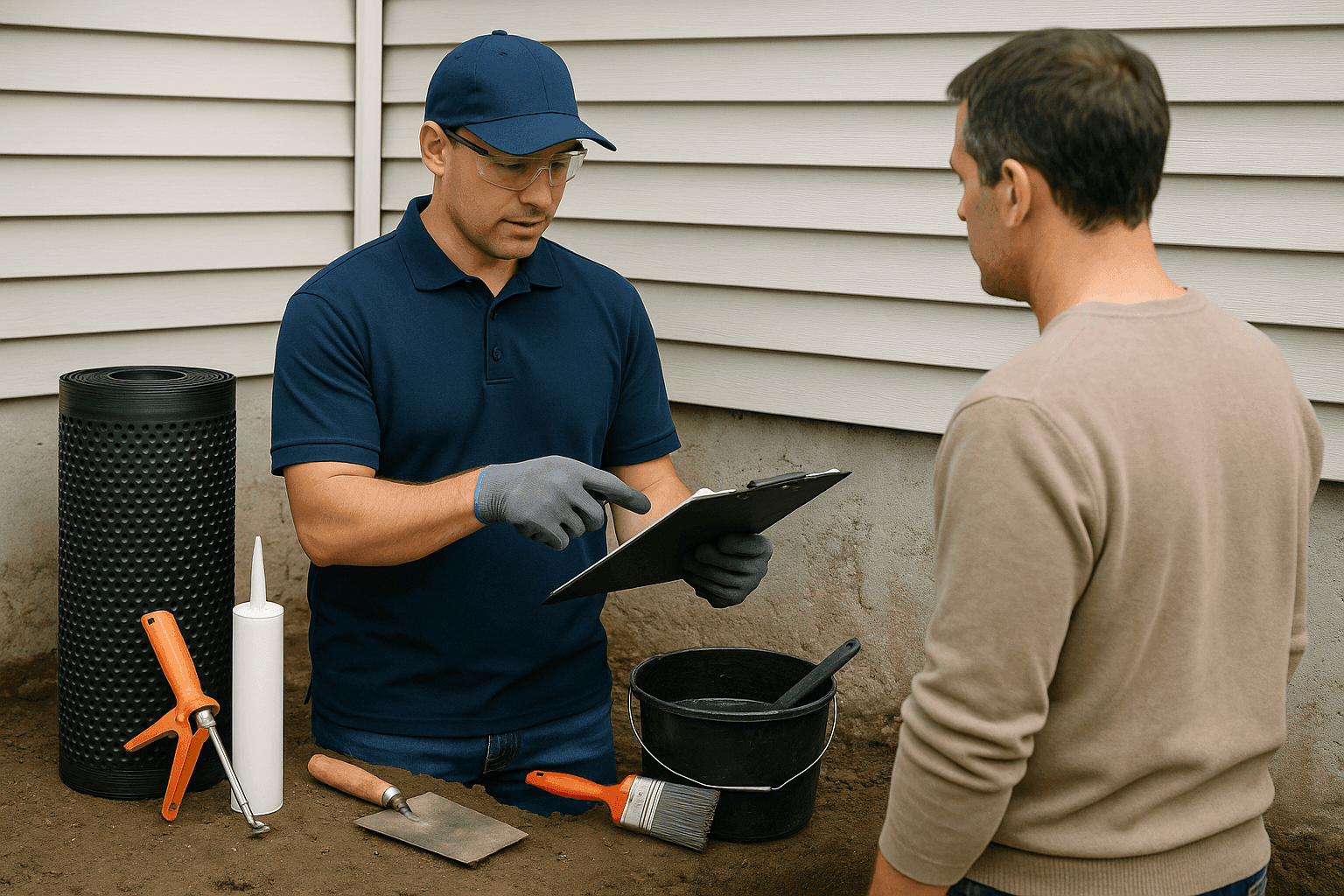 Waterproofing expert discussing waterproofing system options with homeowner
