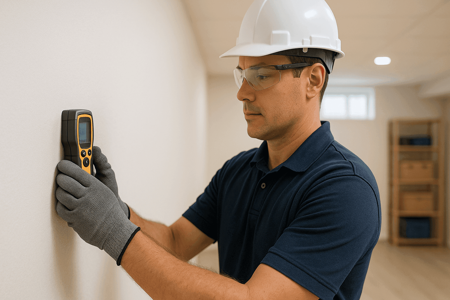Technician inspecting basement wall for water damage with moisture meter