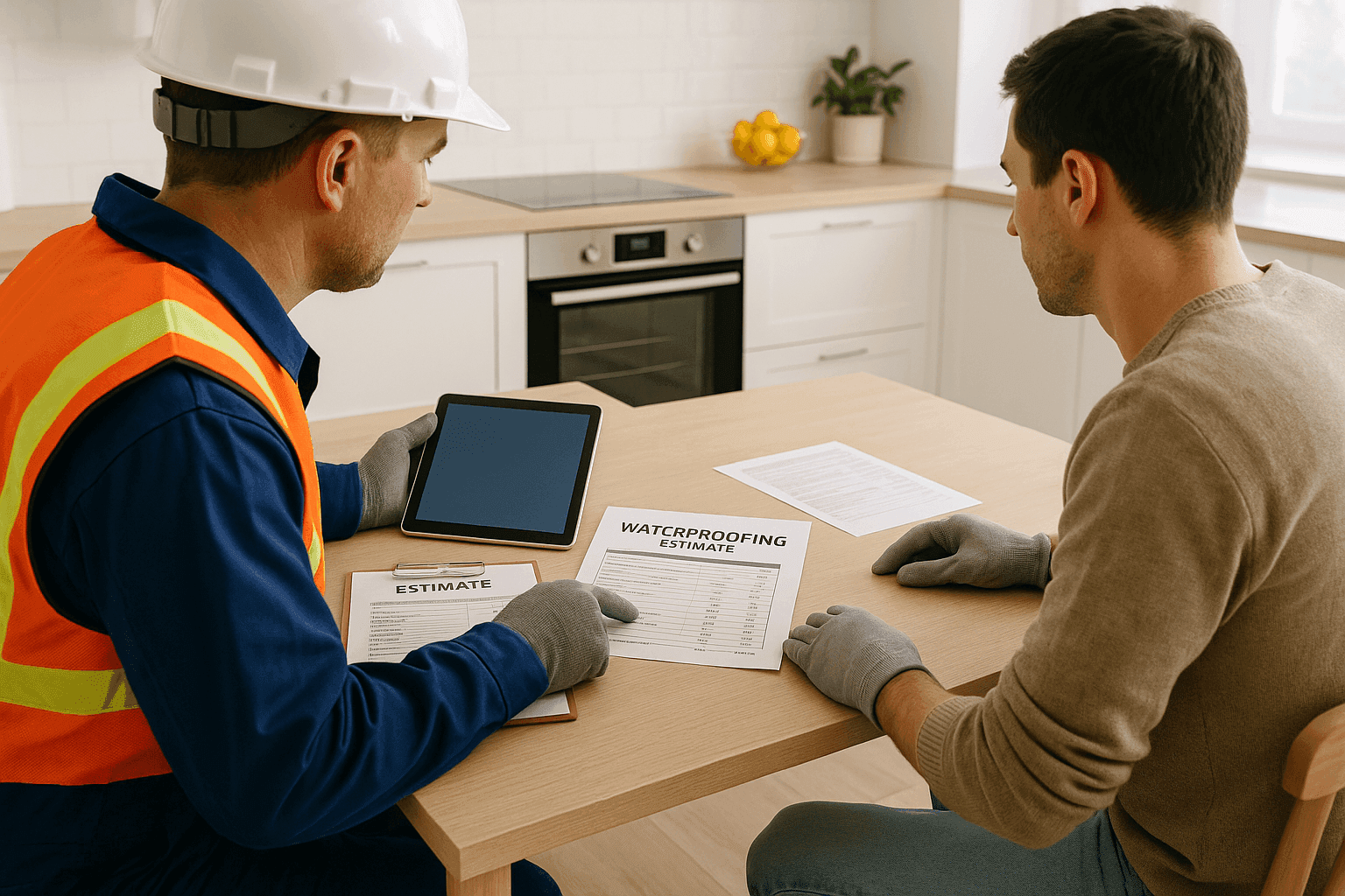 Contractor reviewing waterproofing project estimate with homeowner at kitchen table